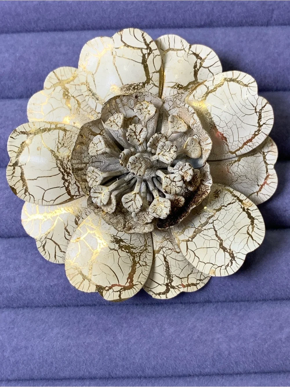 Vintage Layered Crackle Enamel Flower Brooch, Cream and Gold